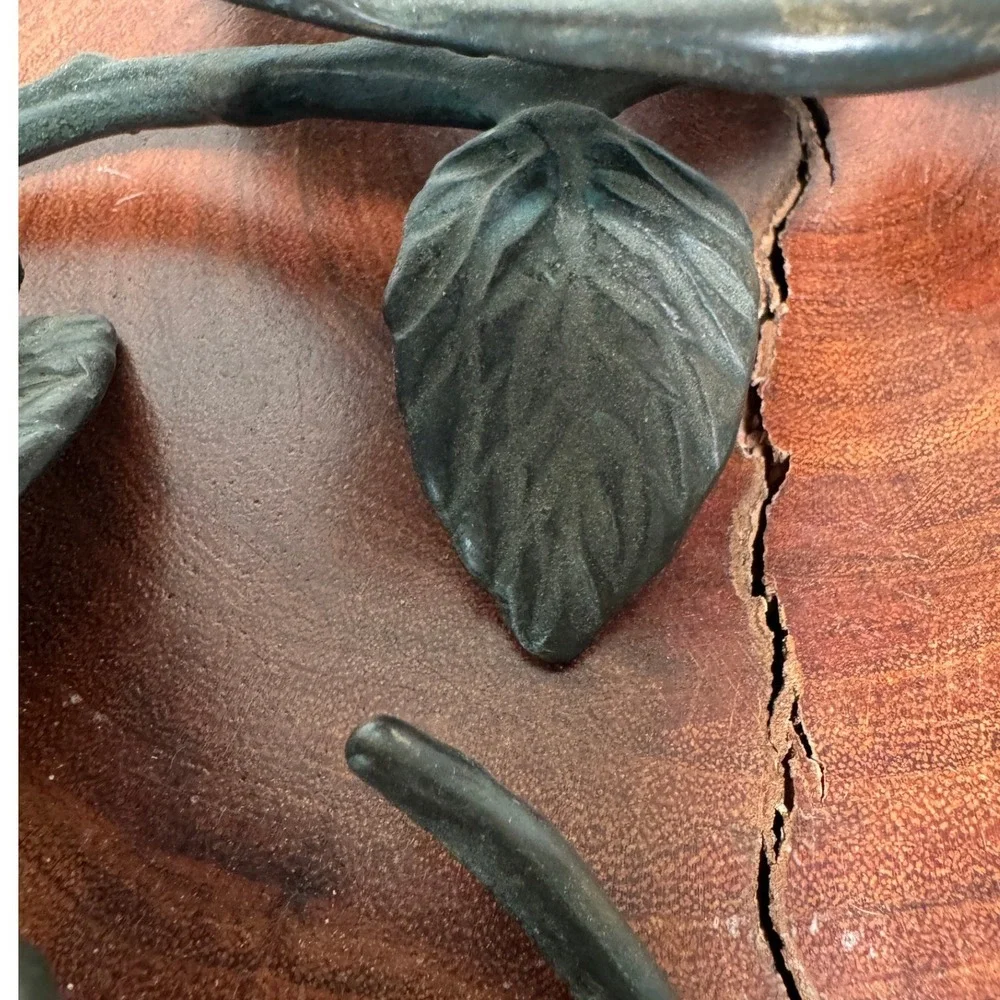 Bronze Magnolia Flower Branch Incense Cone Holders Pair Verdigris Patina Metal